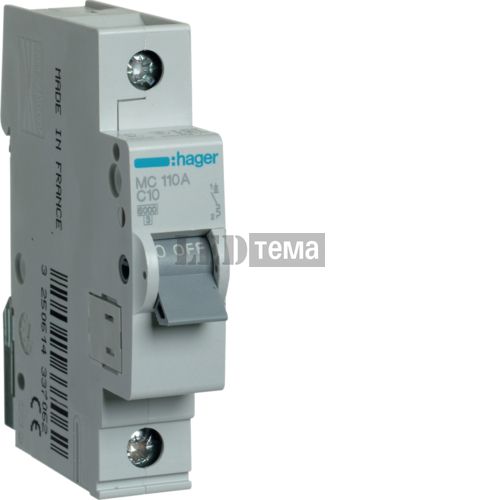 Автоматический выключатель 1P 6kA C-10A 1M однополюсный Hager (MC110A) MC110A фото