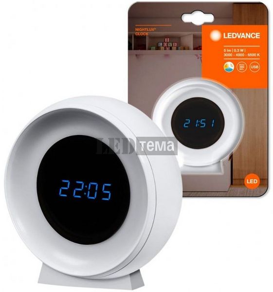 Світильник-нічник з годинником LEDVANCE NIGHTLUX CLOCK WHITE 6X1 0,3 Вт зі змінною температурою світла, вбудований акумулятор (4058075757721) 4058075757721 фото