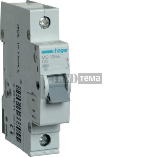 Автоматический выключатель 1P 6kA C-6A 1M однополюсный Hager (MC106A) MC106A фото