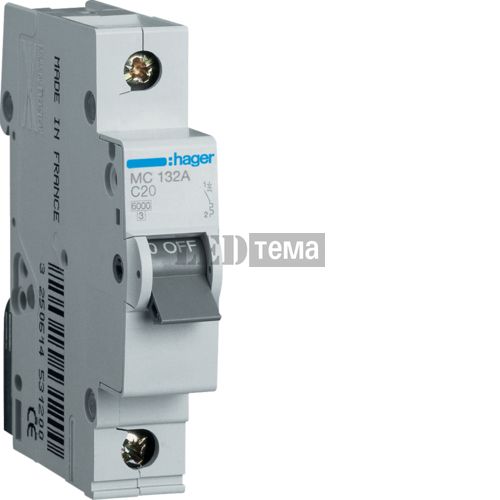 Автоматический выключатель 1P 6kA C-32A 1M однополюсный Hager (MC132A) MC132A фото
