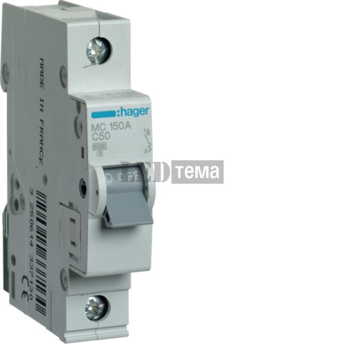 Автоматичний вимикач 1P 6kA C-50A 1M однополюсний Hager (MC150A) MC150A фото
